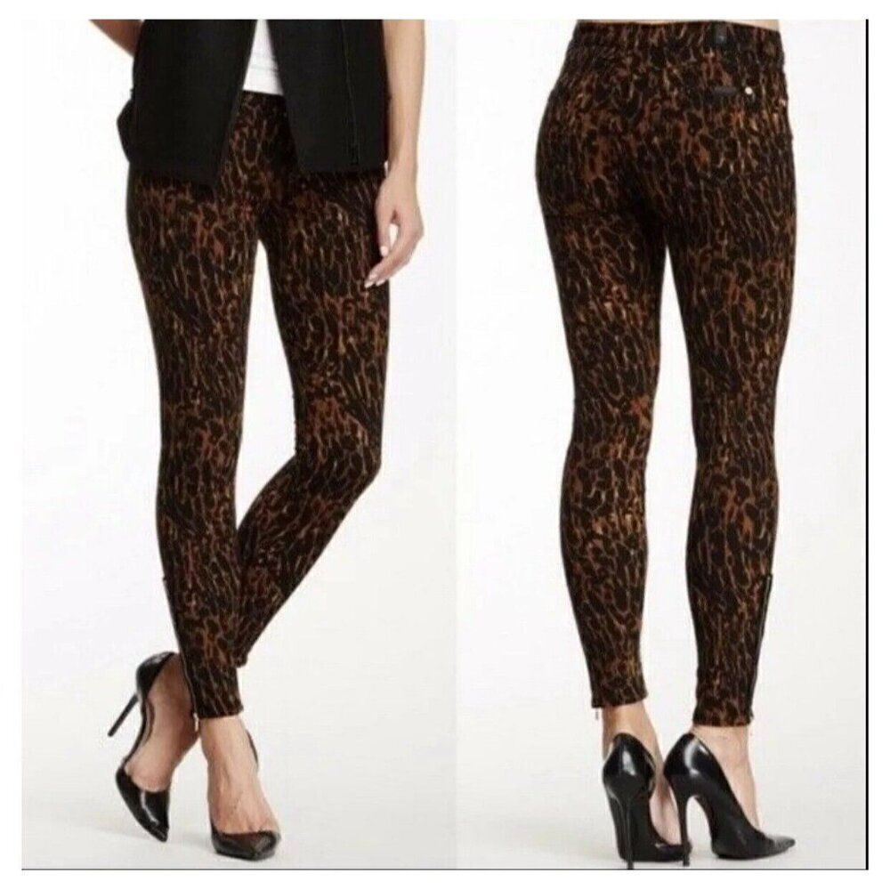 7 For All Mankind Black Brown Leopard Print Mid Rise Skinny Jeans 24